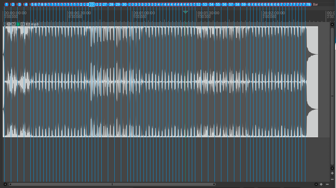 REAPER arrangement with a blue numbered marker on every bar of the song, 78 bars in total, and blue bar lines running through the waveform.