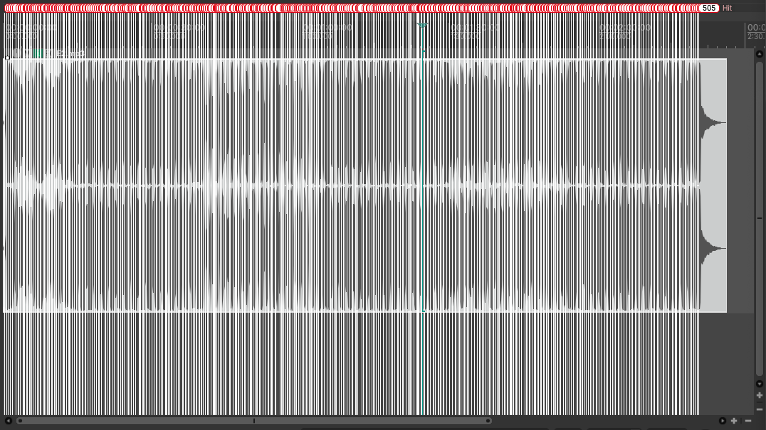 REAPER arrangement zoomed out with the Beat Grid lane switched on: 505 red Hit markers packed across two and a half minutes of waveform.