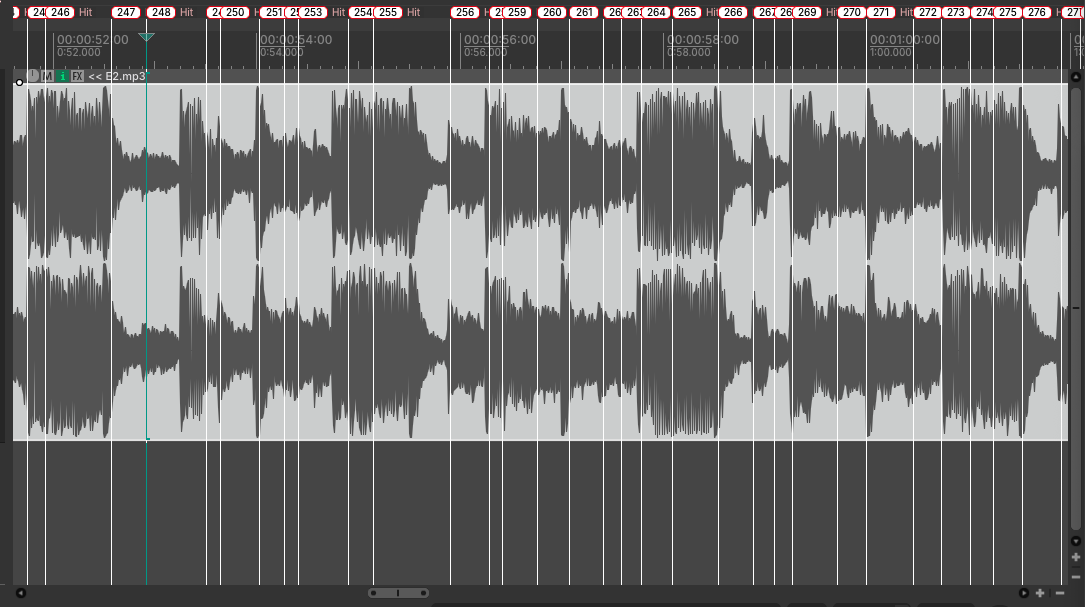 The same Beat Grid zoomed in to about ten seconds: individual numbered Hit markers, each sitting on a drum transient in the waveform.