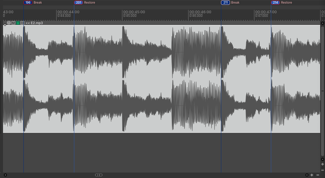 Zoomed REAPER waveform with two marker pairs: a Break marker where the music drops out and a Restore marker where it comes back, twice within four seconds.