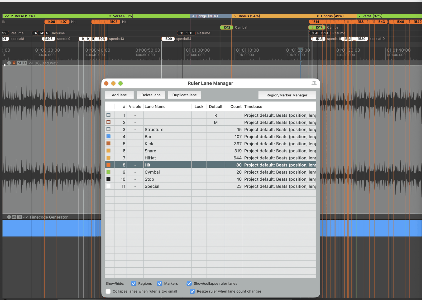 Ruler Lane Manager with the Bar, Kick, Snare and HiHat lanes hidden; only Structure and foreground events remain on a cleaner timeline.