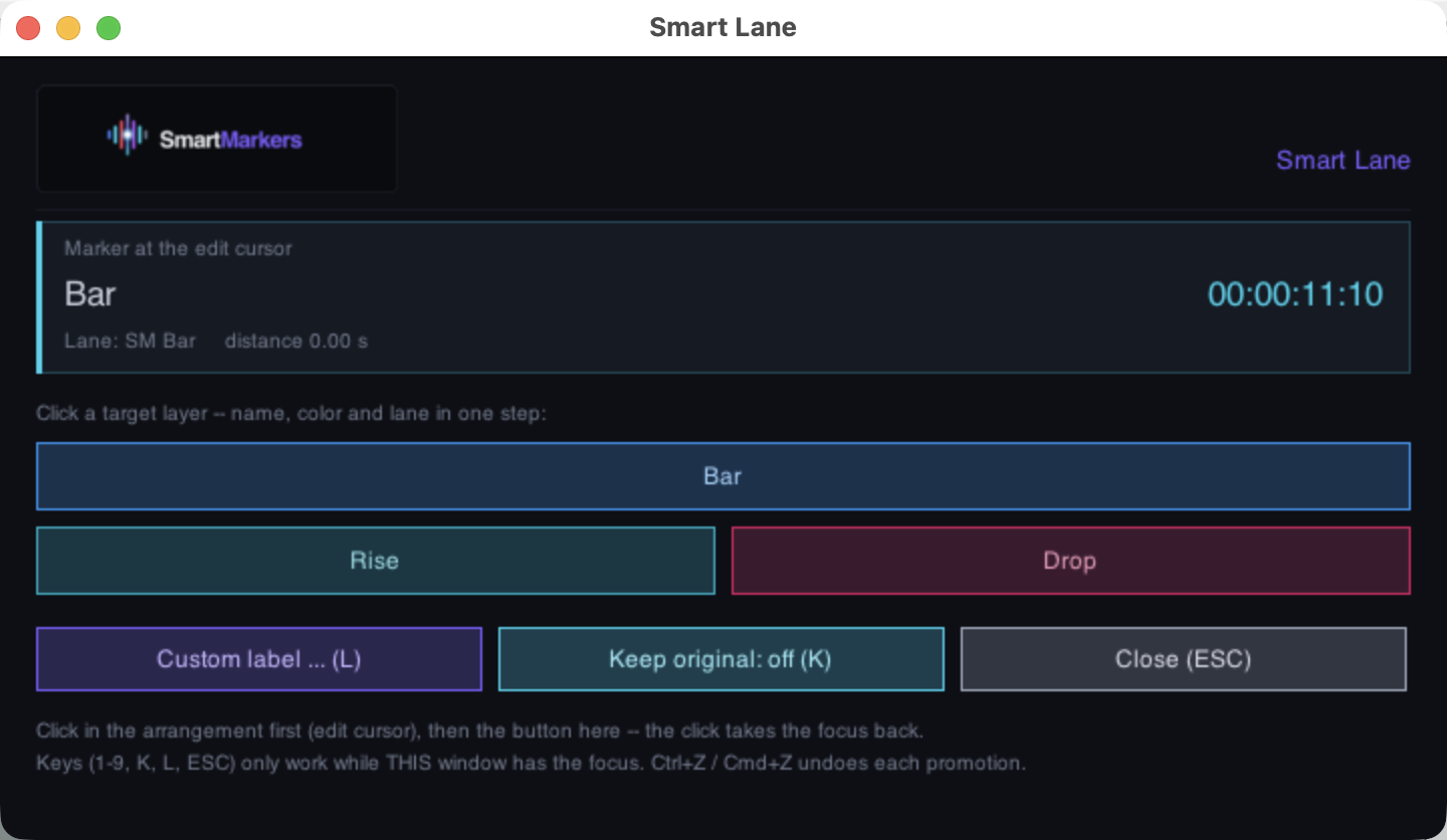 The SmartMarkers Smart Lane window: the marker at the edit cursor with its name, lane and timecode on top, the target-layer buttons the current project offers below (here Bar, Rise, Drop), plus custom label and keep-original switches.